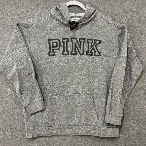 PINK Victoria's Secret Gray Logo Pullover Soft Inside Black Logo Hoodie Womens L - Picture 1 of 5